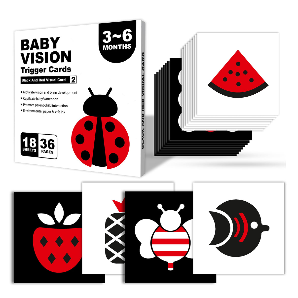 Funbizz Baby Vision Flash Cards 36 Months 36 High Contrast Black, White & Red Visual Stimulation Cards Infant Sensory Learning