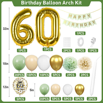 60Th Birthday Decorations Sage Green,60Th Birthday Balloon Garland Party Decorations With Number 60 Foil Balloons,Happy Birthday