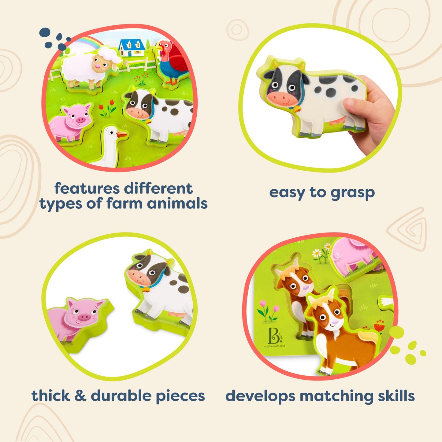 B. Toys- Peek & Explore - Farm Animals- Wooden Puzzle – Chunky Puzzle For Toddlers, Kids – Farm Animal Puzzle – Cow, Sheep, Pig & More – 2 Years +
