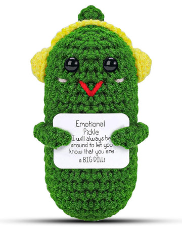 Hoedia Emotional Support Pickle With Yellow Headphone: Cucumber Crochet Dolls Friend Birthday Gifts For Women Men Coworkers Stud