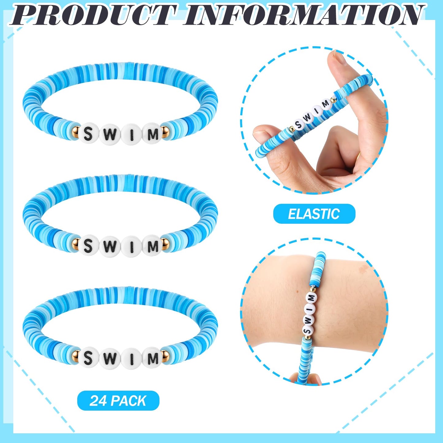Tondiamo Swim Team Bracelets - 24 Pcs Blue Stretch Clay Polymer Beads, 7.5 inches, Perfect for Teen Gifts & Swimming Parties