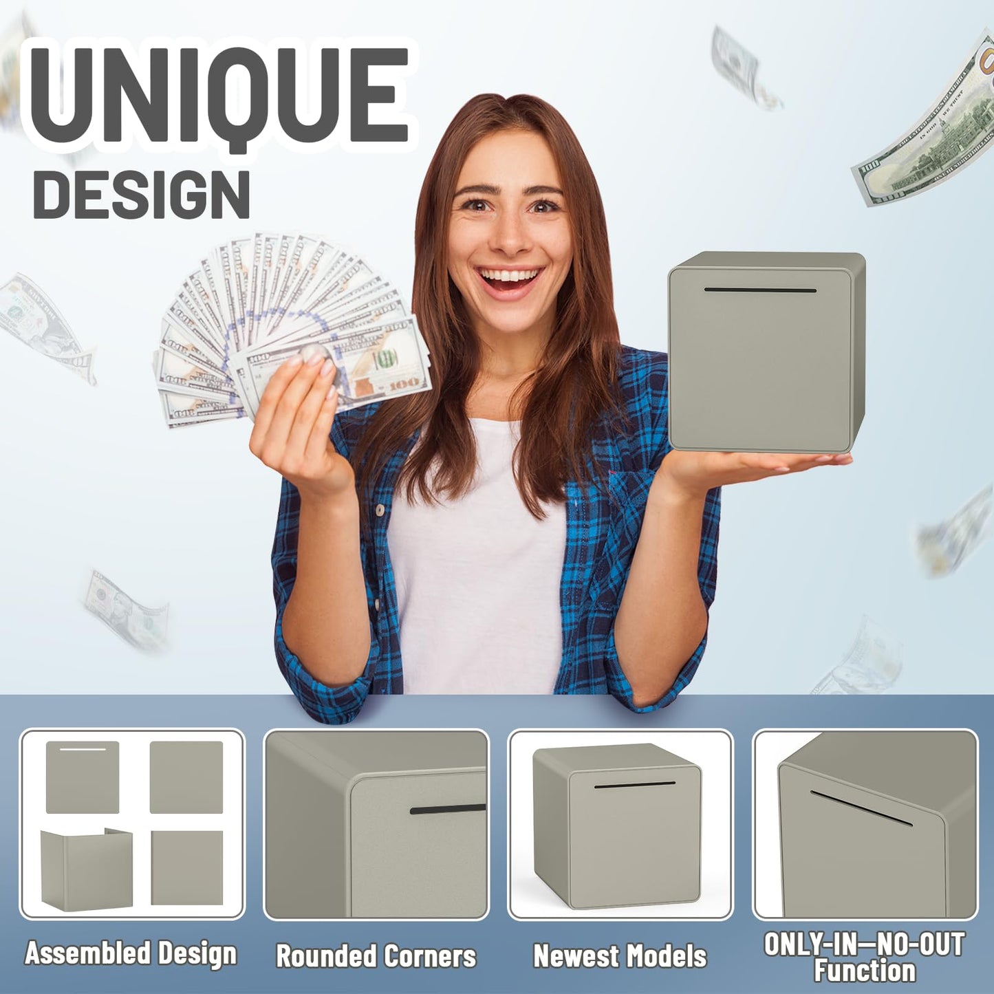 Hizgo Adults Assembly Piggy Bank, 6' Large Piggy Bank For Adults/Kids Must Break To Open, Unopenable Money Saving Box For 2025 Cash Saving (Grey)