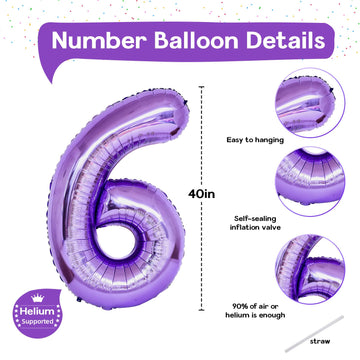 Purple Number 6 Balloon For Girls 6Th Birthday, 40 Inch Number Foil Balloon 6, Mylar Helium Large Balloon For Kids 6 Years Old B