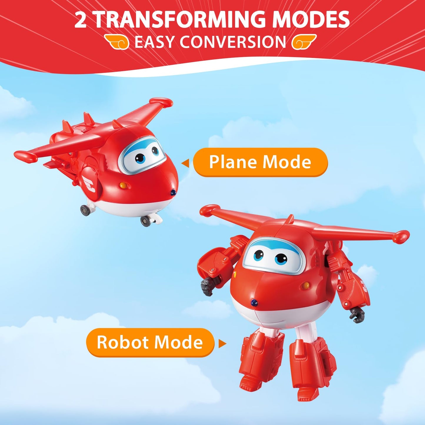 Super Wings Transformer Toys - 5" Jett Airplane Rescue Bots - Red Plastic Action Figures for Kids Age 3-7 - Model 710210