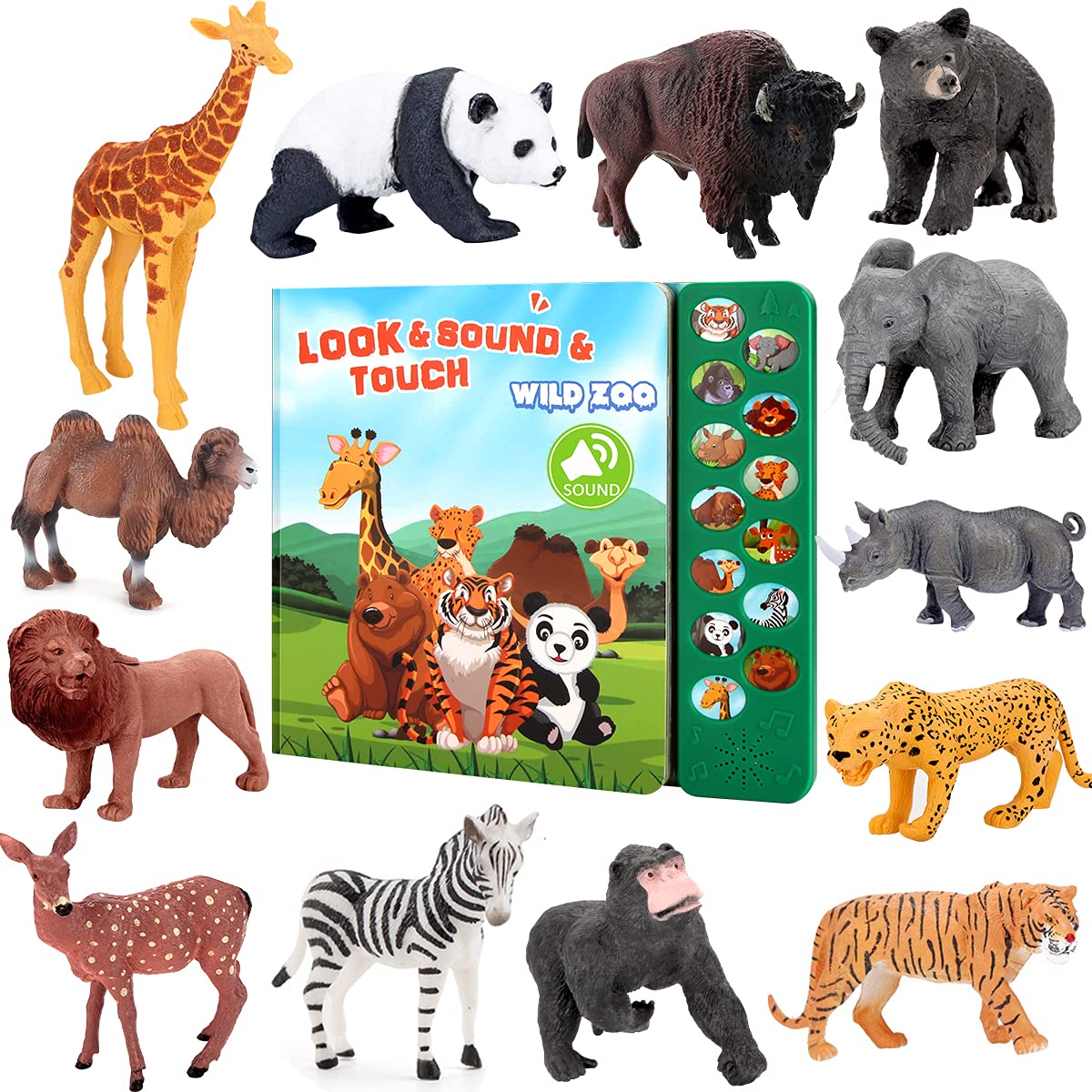 Tudoccy Safari Animals Figures Toys - 13 Realistic Plastic Figurines & Sound Book - Educational Gift for Kids 3 Years & Up - Multi-color