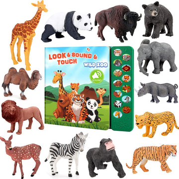 Tudoccy Safari Animals Figures Toys - 13 Realistic Plastic Figurines & Sound Book - Educational Gift for Kids 3 Years & Up - Multi-color