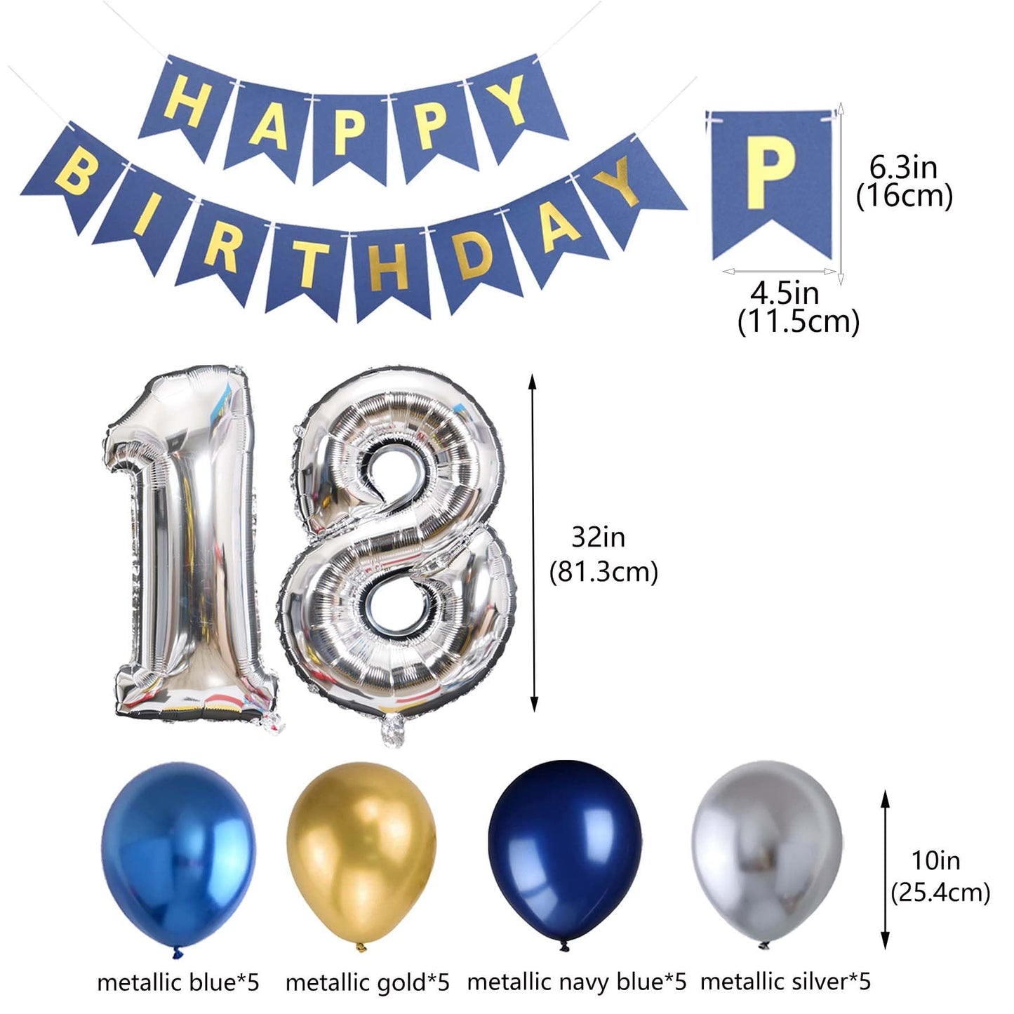 18Th Birthday Party Decoration For Boys, Happy Birthday Banner Blue Number 18 Birthday Balloons Metallic Silver Blue Gold Latex