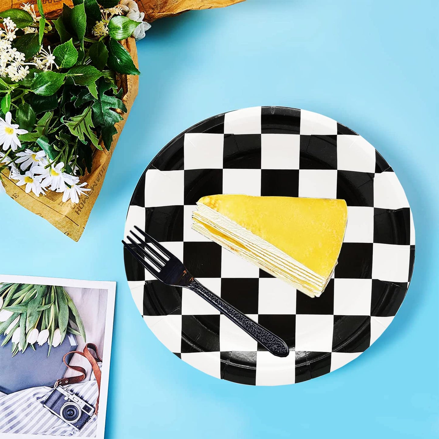 40 Pcs Race Car Birthday Party Supplies Black And White Checkered Party Supplies 7''Checkered Paper Plate,Black White Plate For