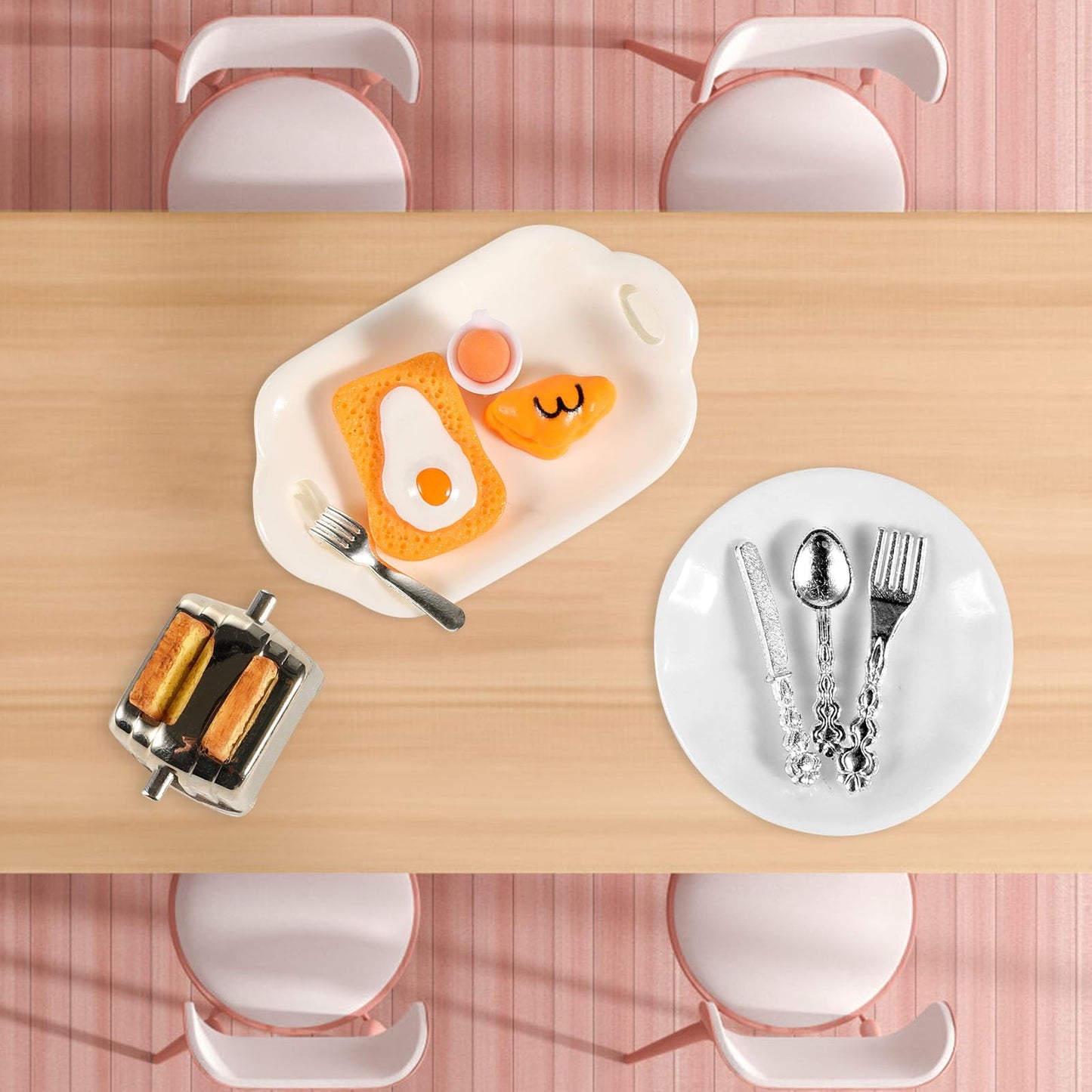 Simarro Miniature Dollhouse Breakfast Accessories, 46 Pcs 1:12 Scale Mini Toast Machine Bread Milk Eggs Cups Fruits Plates Fork