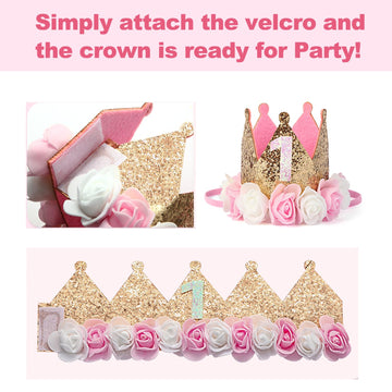 Charmory 1st Birthday Crown for Girls, Princess Party Hat with Floral Design, Baby Girl First Birthday Headband, Soft Sparkling