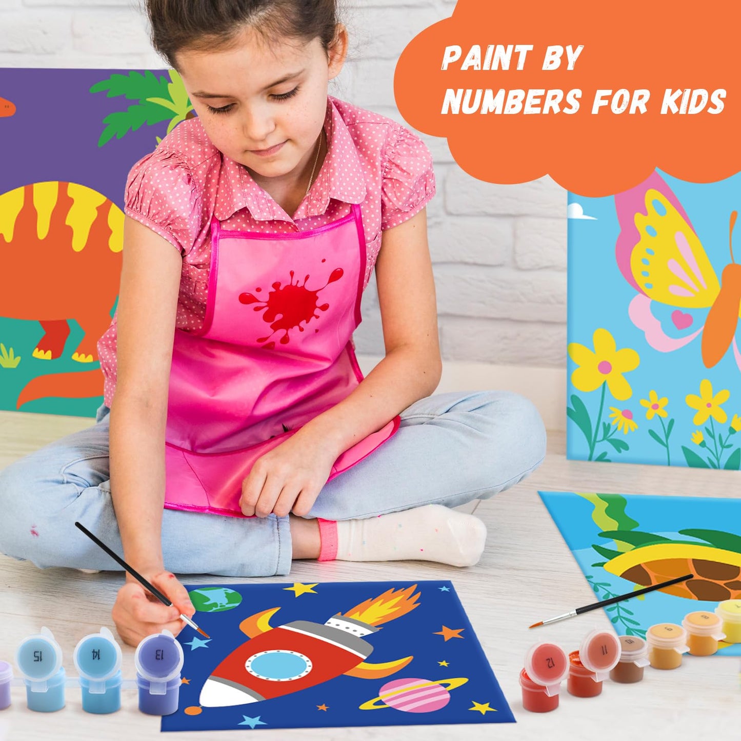 goldentime 6 Pack 8x8inch Paint by Numbers Kit for Kids, Predrawn Canvas for Painting with Unicorn, Butterfly & More, Includes 1