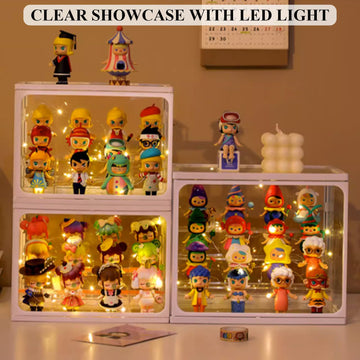 Glass Display Case For Figures With Light 2 Tier Clear Display Stand For Collectibles Stackable Assemble Display Box For Action