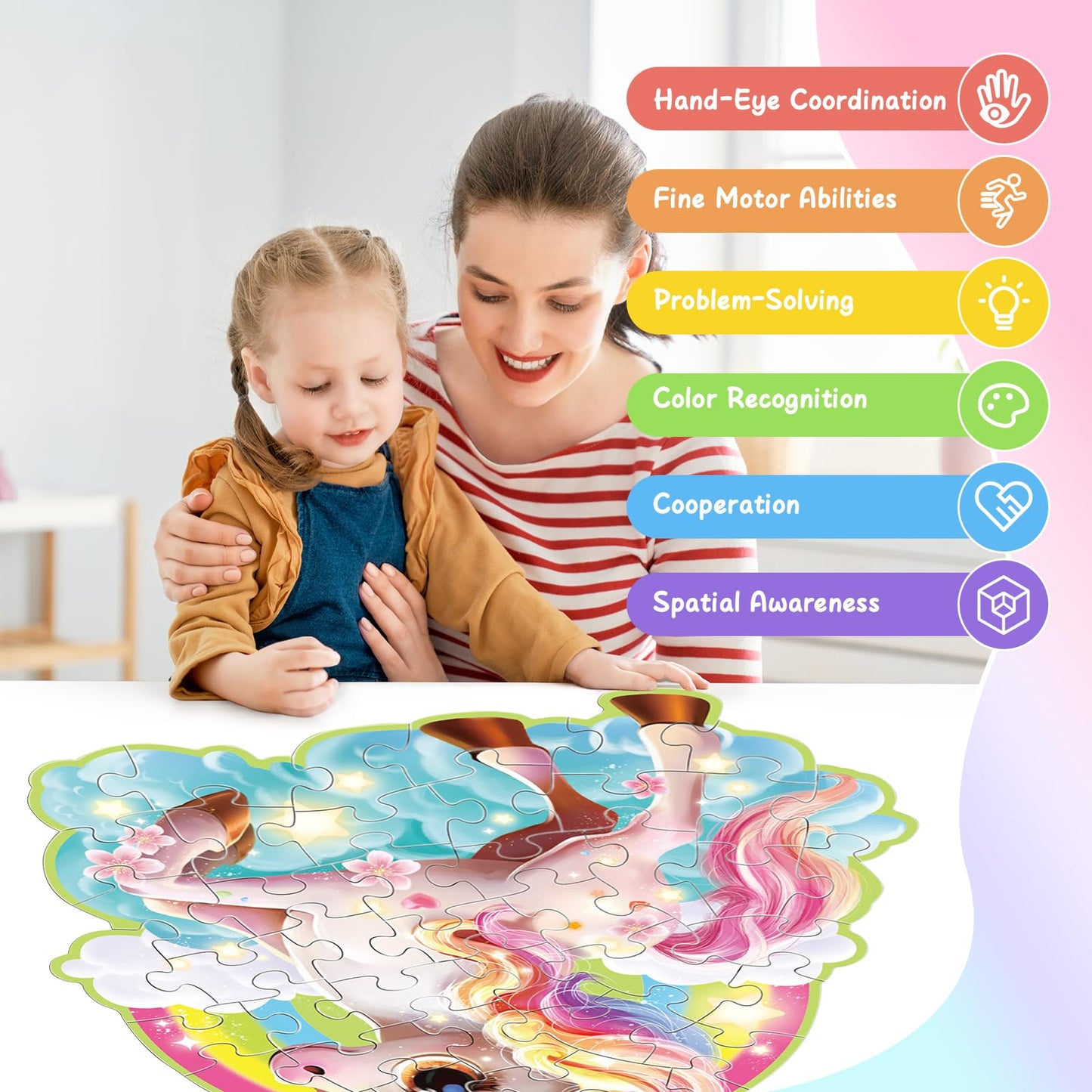 Unicorn Floor Puzzles For Kids Ages 4-6 & 3-8, Unicorn Toys For Girls Age 4-6, 45-Piece Blue Cardboard Shimmery Jigsaw Puzzles F