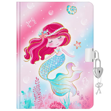 Wernnsai Kids Diary For Girls Mermaid Journal - Kids Gold Foil Journal Girls Mermaid Diary, School Private Diary A5 Lined Memos Writing Drawing Notepad With Lock And Keys, Notebook Birthday Christmas Gift