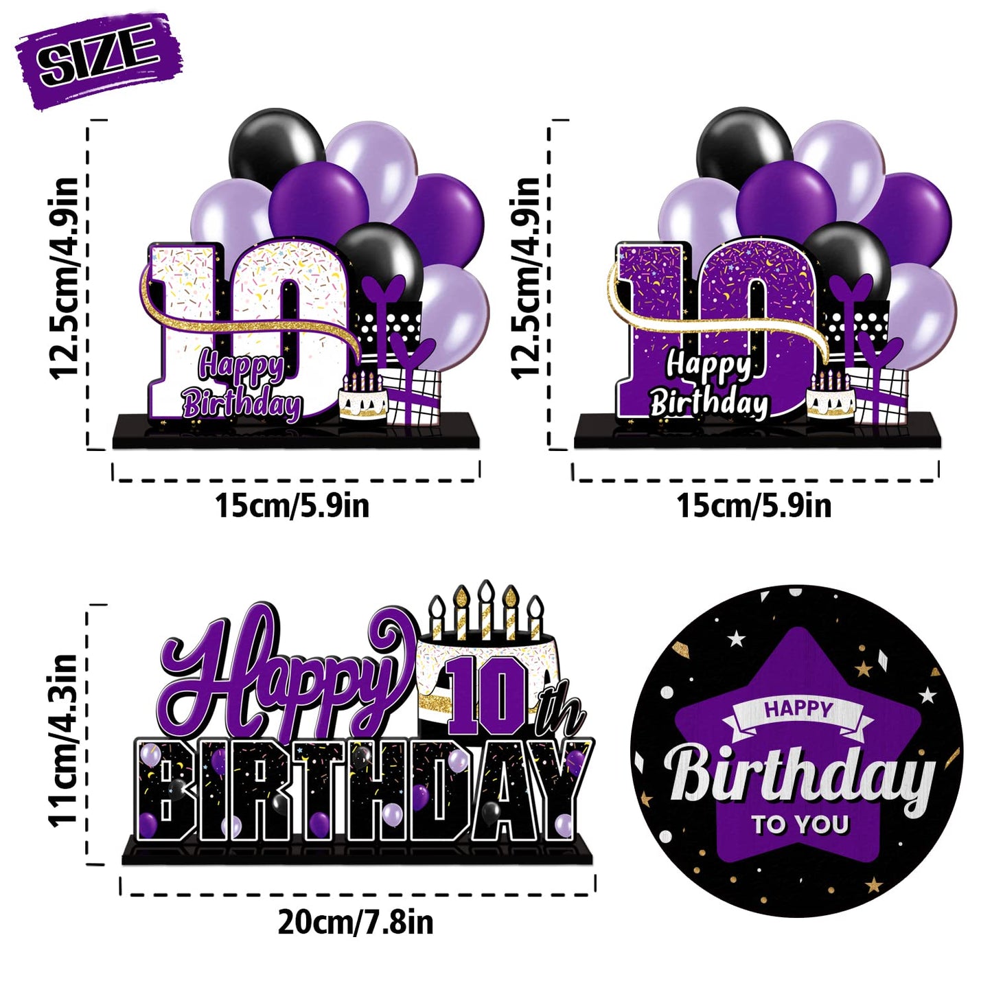 Lingteer Happy 10Th Birthday Purple Acrylic Table Topper Centerpieces Set - Cheers To Ten Years Old Birthday 10Th Bday Party Gift Decorations.