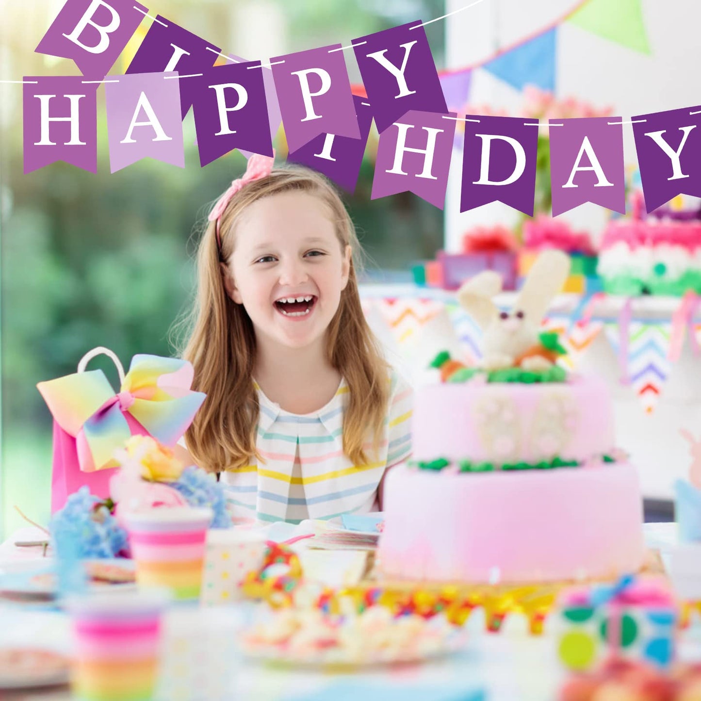 Eaezerav Purple Happy Birthday Banner Signs Happy Birthday Bunting Banner, Birthday Party Garland Decorations For Women Girls, N