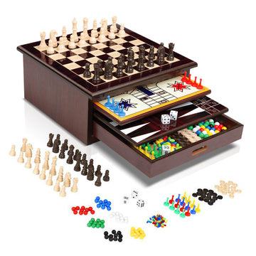 Bundaloo 10-In-1 Classic Wooden Board Game Set - Chess, Checkers, Backgammon, And More - Premium Multi-Game Collection With Buil