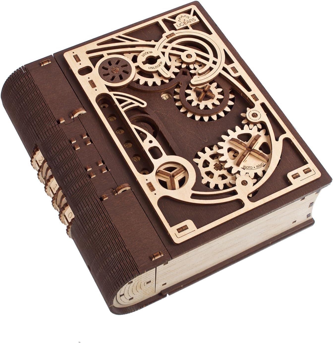 UGEARS Book of Secrets Puzzle Box - 3D Wooden Puzzles for mature-themeds  Fun Wood Steampunk Combination-Lock - DIY Building Mechanical Model Kit for Fathers Day and Hobby Enthusiasts - 263 Pcs