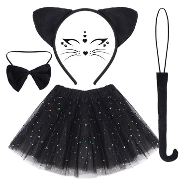 Dxhycc Black Cat Costume Cat Ears Headband Tail Bowtie Tutu And Stickers For Halloween Dress Up Party (Black, 15.7)