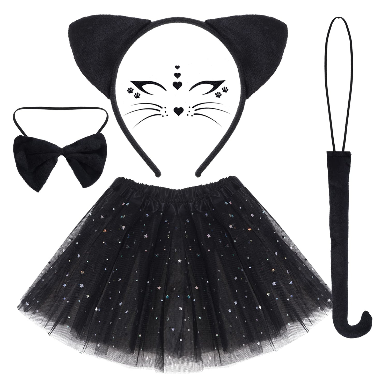 Dxhycc Black Cat Costume Cat Ears Headband Tail Bowtie Tutu And Stickers For Halloween Dress Up Party (Black, 11.8)