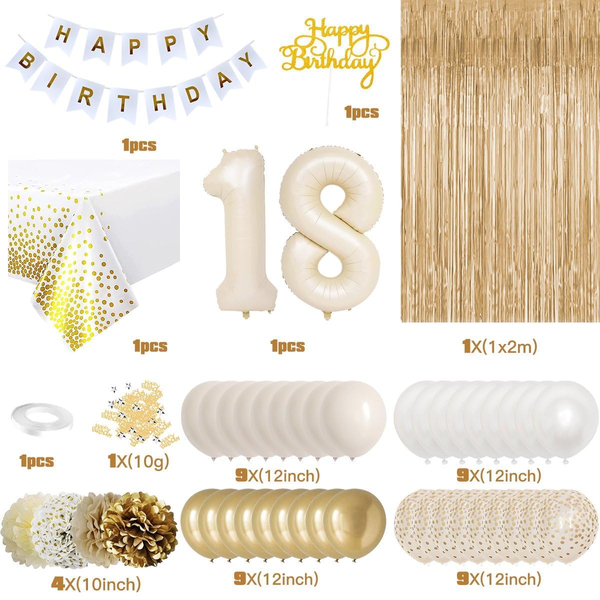 18Th Birthday Decorations For Girls, Gold Happy 18Th Birthday Decorations White And Gold Balloons Happy Birthday Banner Tableclo