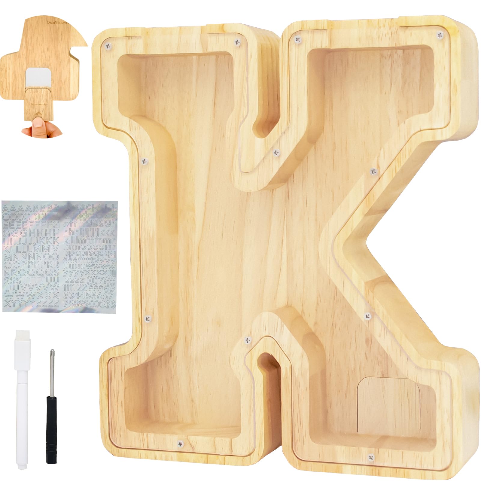 Bitreeworks Letter Piggy Bank, Personalized Wooden Coin Banks, Large Wood Money Peny Bank For Adults (9'', Alphabet K)