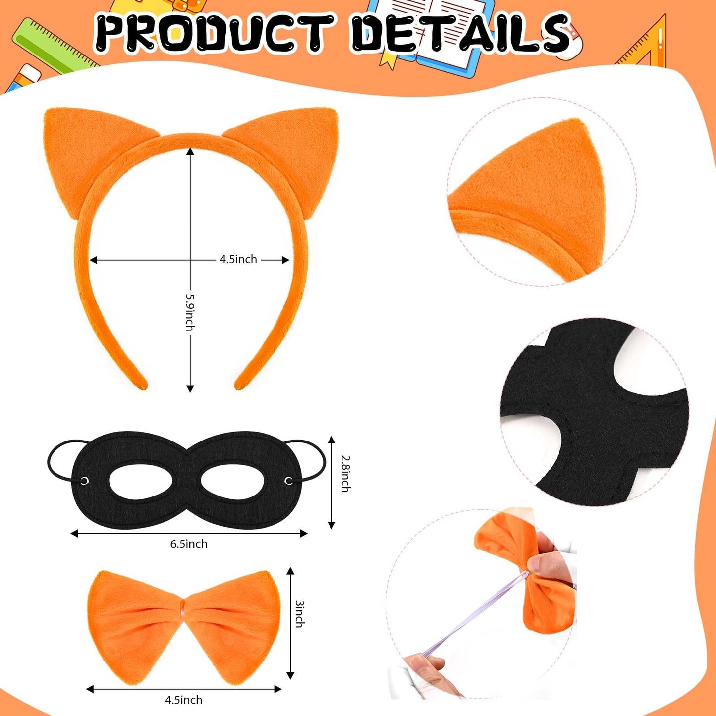 Jchrmers 6Pcs Book Day Orange Cat Costume Set Outfit Including Cat Ears Headband Orange Black Striped Shirt Tutu Skirt Eye Mask