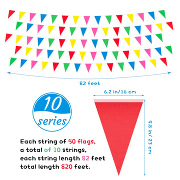 Tatuo 820 Ft 500 Pcs Pennant Banner Flag String Hanging Triangle Bunting Flag For Party Celebration Holiday Wedding Decoration, 10 Set (Colorful)