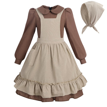 Ltakk Pioneer Dress Girls Colonial Costume Prairie Pilgrim Girl Dresses With Pinafore And Headscarf, Brown, Medium
