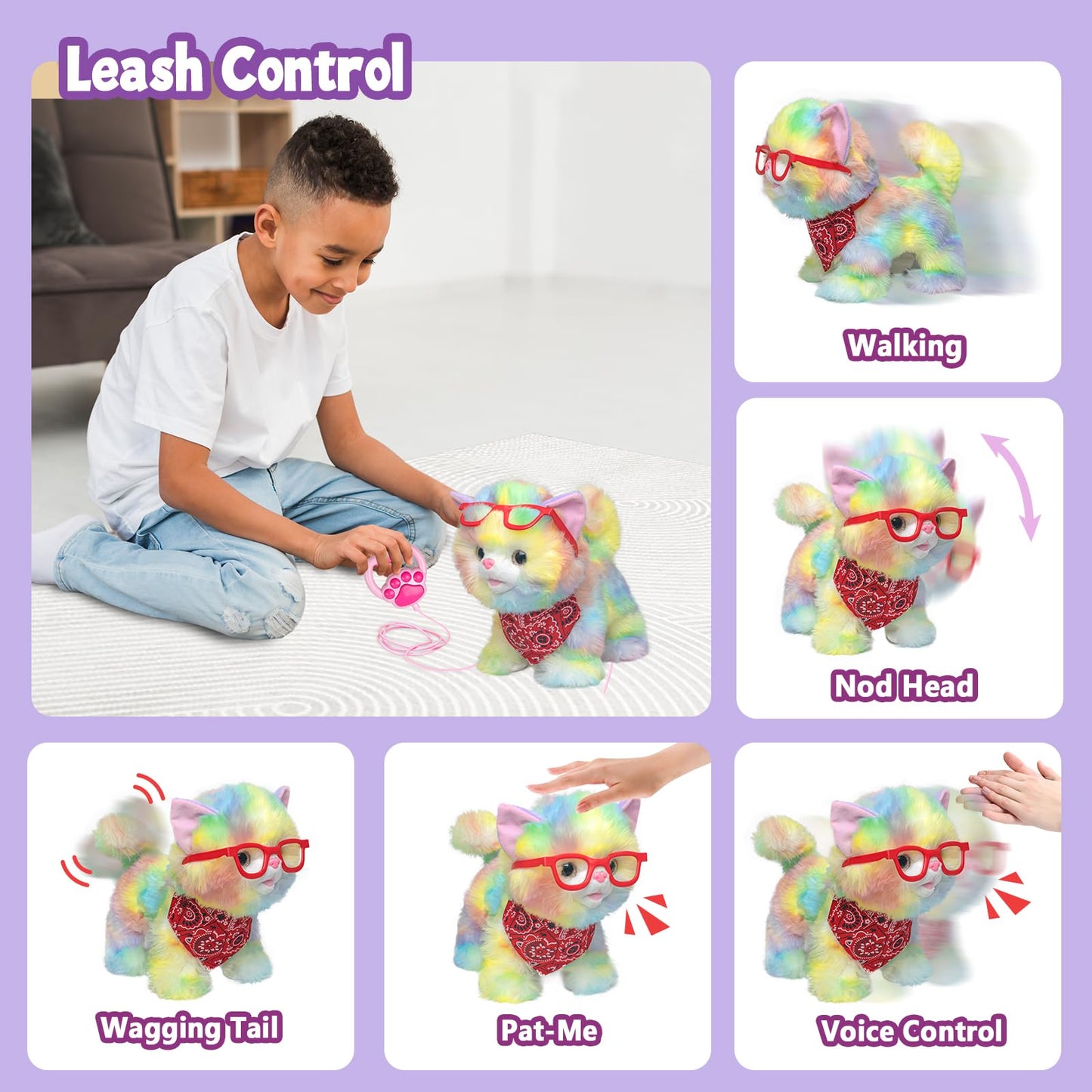 Yh Yuhung Walking Cat Toys For Kids,Remote Control Rainbow Kitty Robot Cat Toy That Can Walks, Meows, And Wag Its Tail, Veterinarian Playset For Kids With Interactive Cat Ages 3 And Up