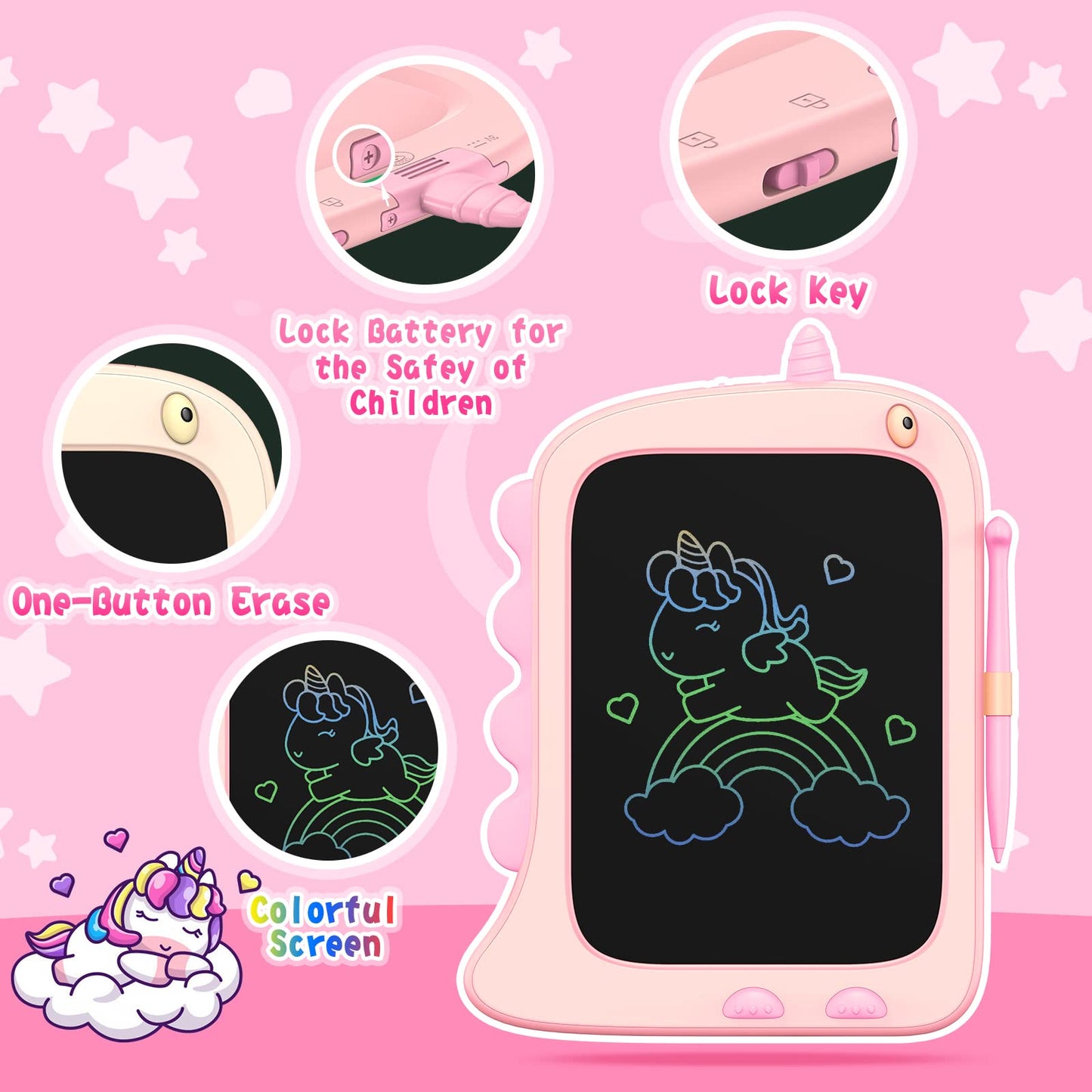 ORSEN 8.5" LCD Doodle Board Tablet - Pink Unicorn Drawing Pad for Kids 2-7 Years, Travel Toy, Medium Size, Model OS-A6-285C-PIN