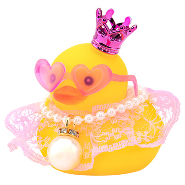 wonuu Rubber Duck Car Dashboard Decoration  Duck Car Ornament Cute Car Accessories with Mini Crown Dress Pearl Necklace Glasses  Pink Lace Skirt