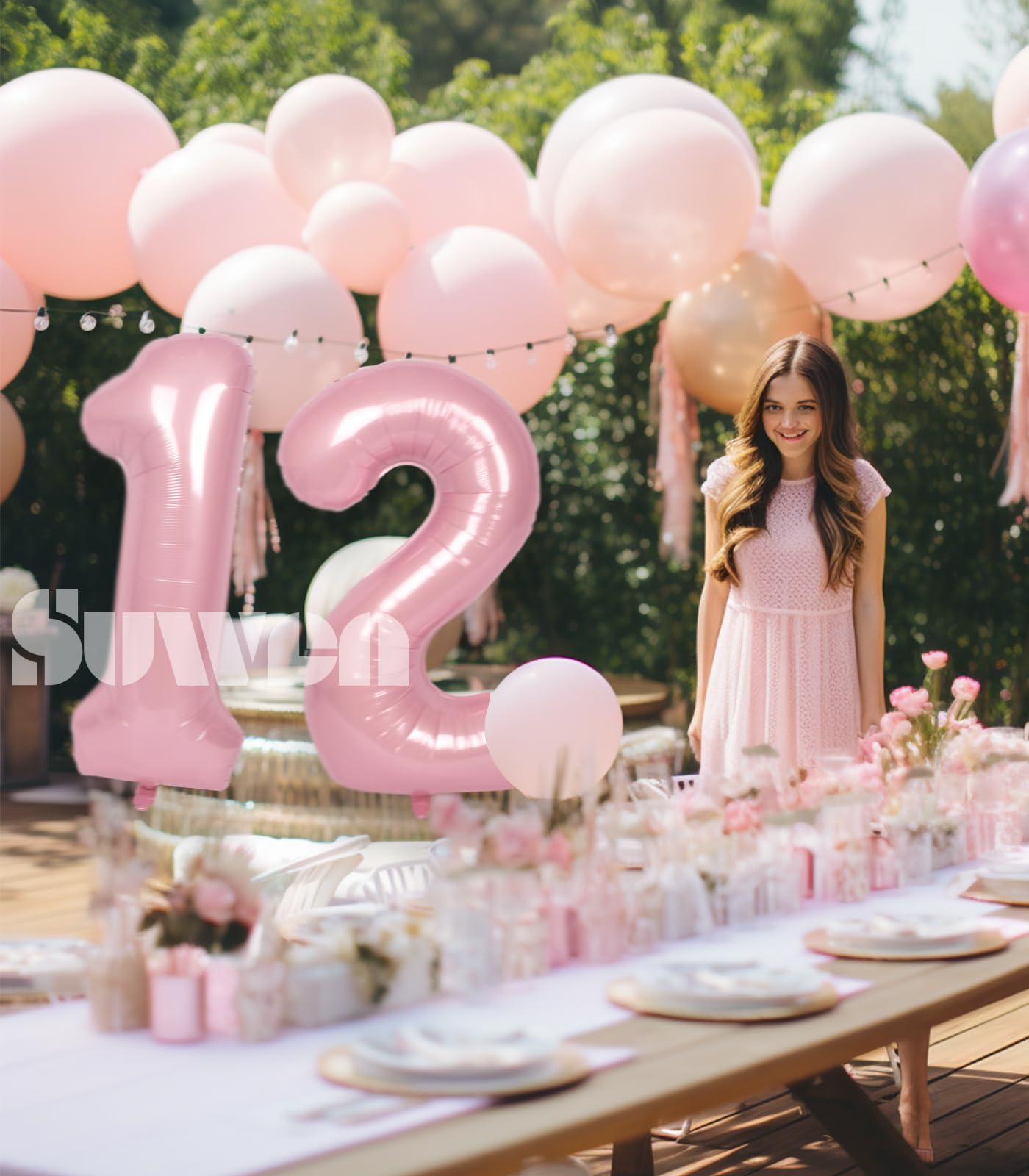 Suwen 40 Inch Pink Large 12 Number Balloons Big Foil Helium Number Balloons 0-9 Jumbo Happy 12Th Mylar Birthday Party Decoration