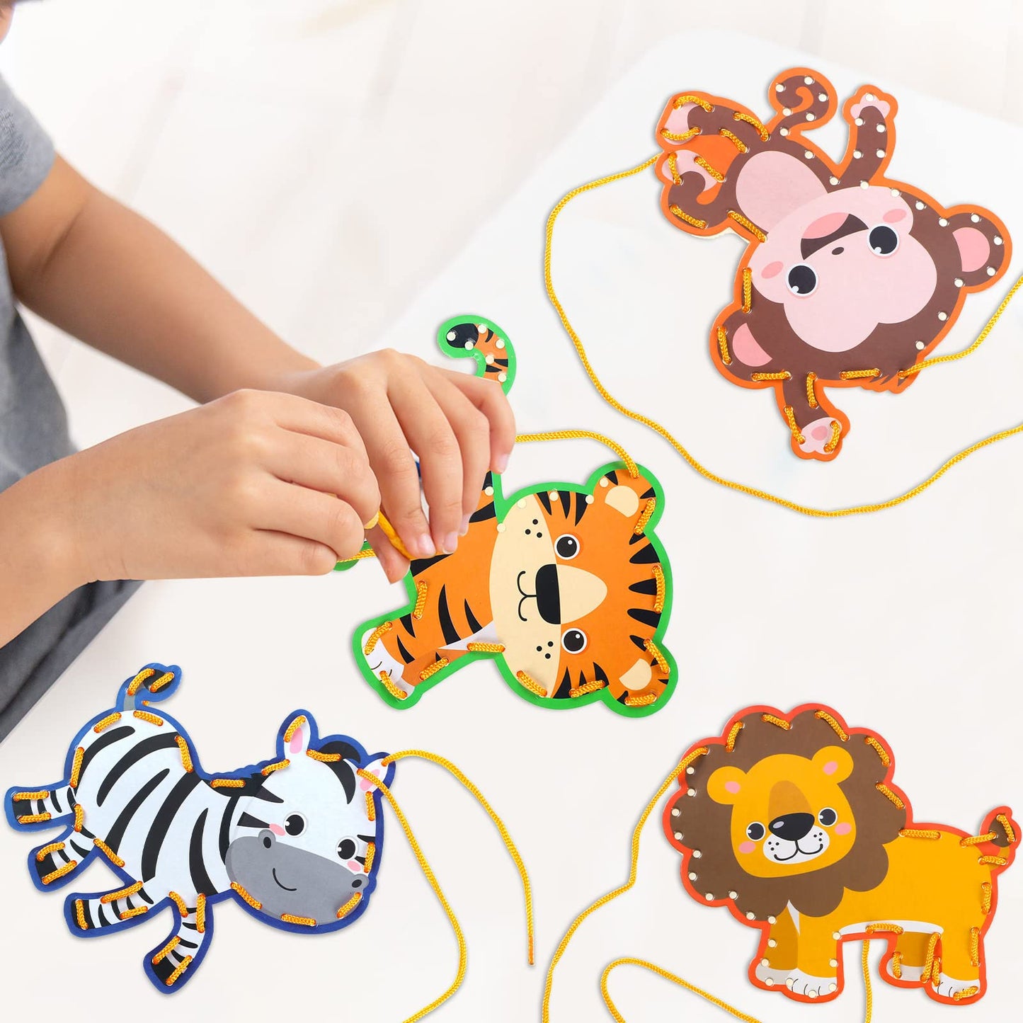 10 Pieces Kids Jungle Animal Lacing Cards Safari Animal Sewing Cards Thick Cardboard Double Sided Lacing Playing Games for Child