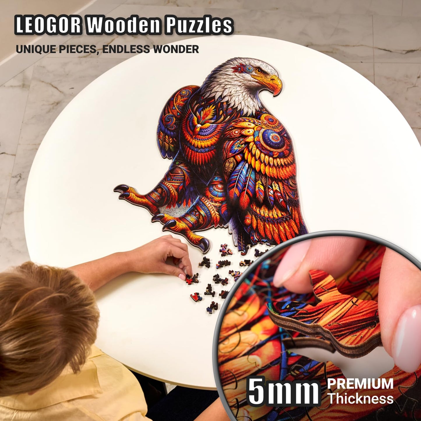 Vivid Eagle Odyssey - 500 Piece Wooden Puzzles for mature-themeds - 20.7 x 20 in - Extra-Thick 5 mm Wood Puzzle  Hand-Shaped Pieces  Iconic Bird XL Mosaic Design - enhanced Gift for Puzzle Lovers by LEOGOR