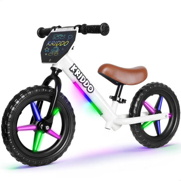 KRIDDO Toddler Balance Bike 2 Years Old, 12-Inch Colorful Lighting-Up Push Bicycle with LCD Writing Tablet, Steady Balancing, Gi
