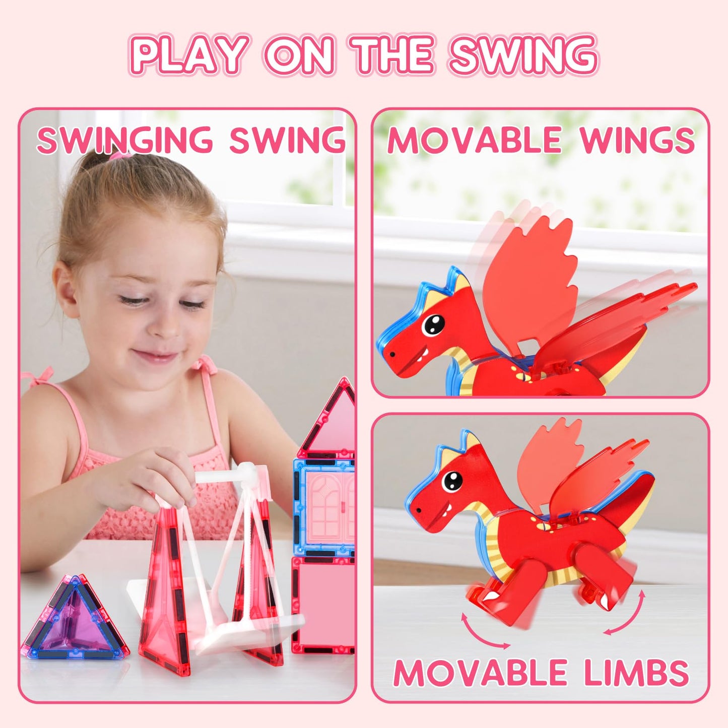 Magnetic Tiles for Kids Age 4-8 with Dragon, 36 Piece Princess Castle Magnet Tiles for Girls, Movable Dragon Toys for 3+, Creati