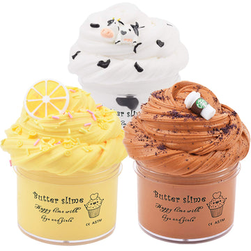 Butter Slime Kit 3 Pack With Coffee Slime, Milk Slime And Lemon Slime, Beverage Slime, Non-Sticky Sludge Super Soft Cotton Putty