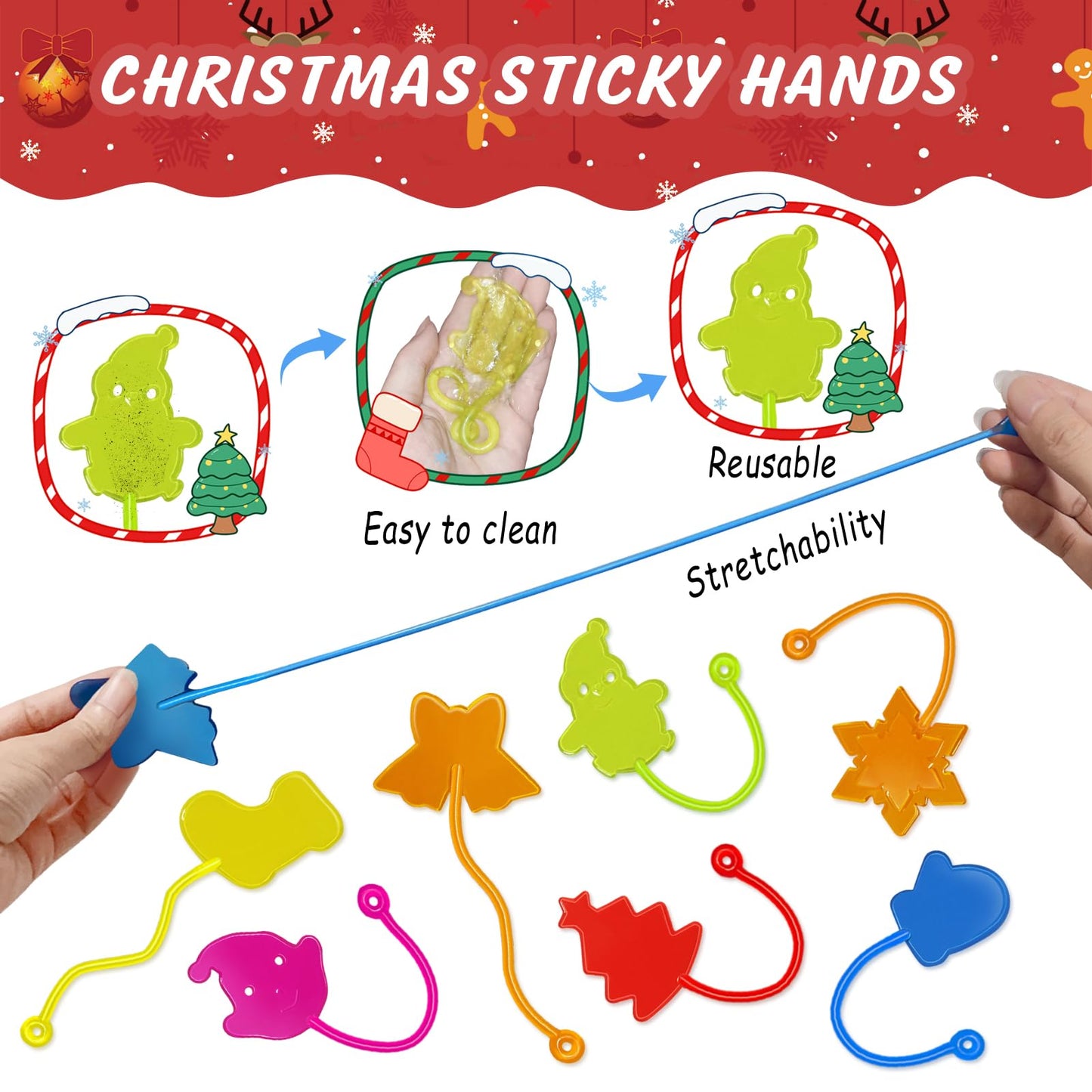 Christmas Sticky Hands Bulk 42PCS Christmas Party Favors for Kids Stocking Stuffers for Kids Stretchy Sticky Hand Toy Goodie Bag