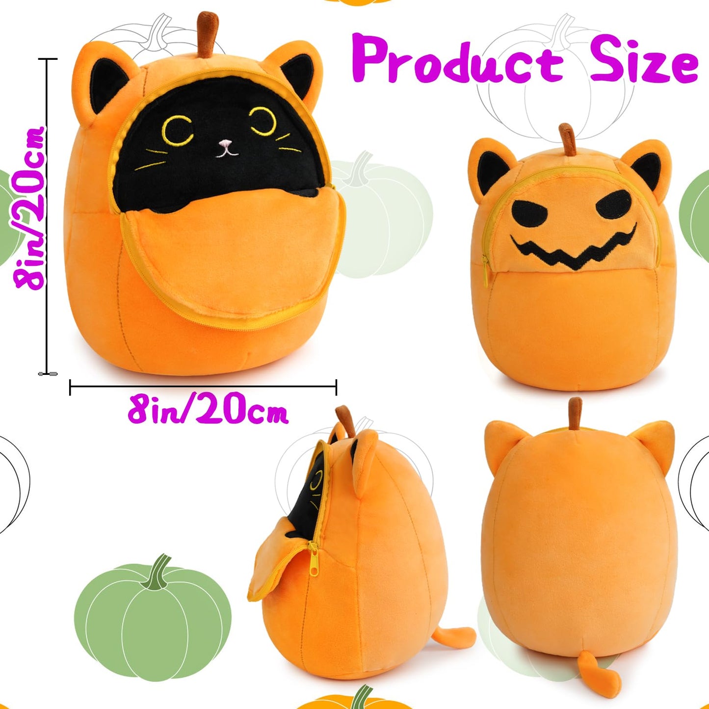 Leokawin Black Cat Stuffed Animal,8In Black Cat Plush,Cute Pumpkin Cat Plush Toy,Kawaii Pumpkin Black Cat Plush Pillows,Soft Bla