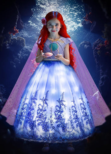 Gorkonpy Mermaid Costume Dress For Girls Light Up Princess Dresses Halloween Party Dress Up For Girls (5-6 Years)