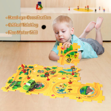 Xazastov Dinosaur Puzzle Track Car Play Set, Plastic Puzzles For Kids Ages 3-5 With Vehicles, Railcar Puzzle, Car Tracks For Tod