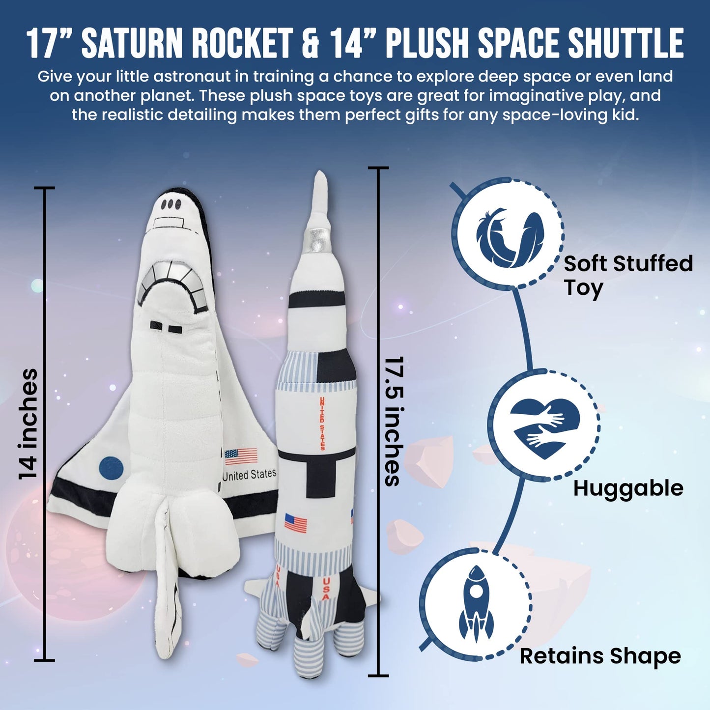 Space Shuttle Plush Toy 14 ' & Saturn Rocket 17 ', Mission Ship For Kids, Christmas & Birthday Gifts For Little Astronauts, Boys & Girls, Soft & Huggable, Fun, Great For Imaginative Play