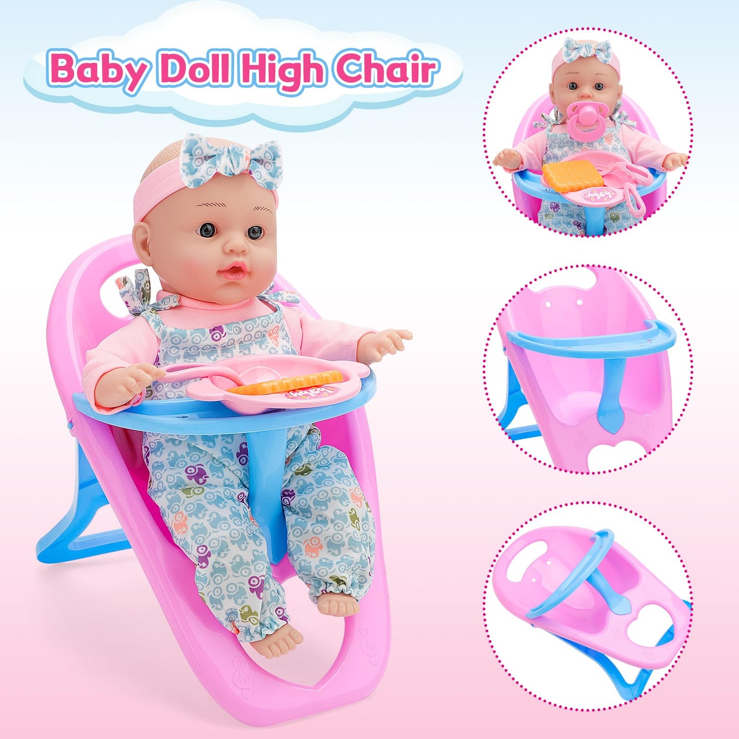 deAO Baby Doll Stroller Set High Chair Travel Diaper Bag with 12 inch Baby Doll Accessories Pretend Play Toys with Foldable Stro