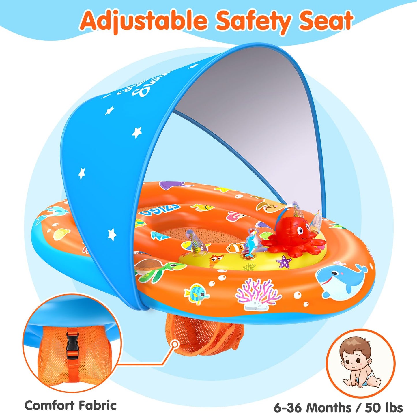 Ezigo Baby Pool Float With Canopy Upf 50+ Sun Protection, Double Air Chambers Infants Swimming Floats With Sound Toys Adjustable