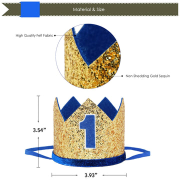 Maticr Glitter First Birthday Crown Baby Boy 1st Bday Party Hat Cake Smash Photo Prop (Large Gold & Royal 1)