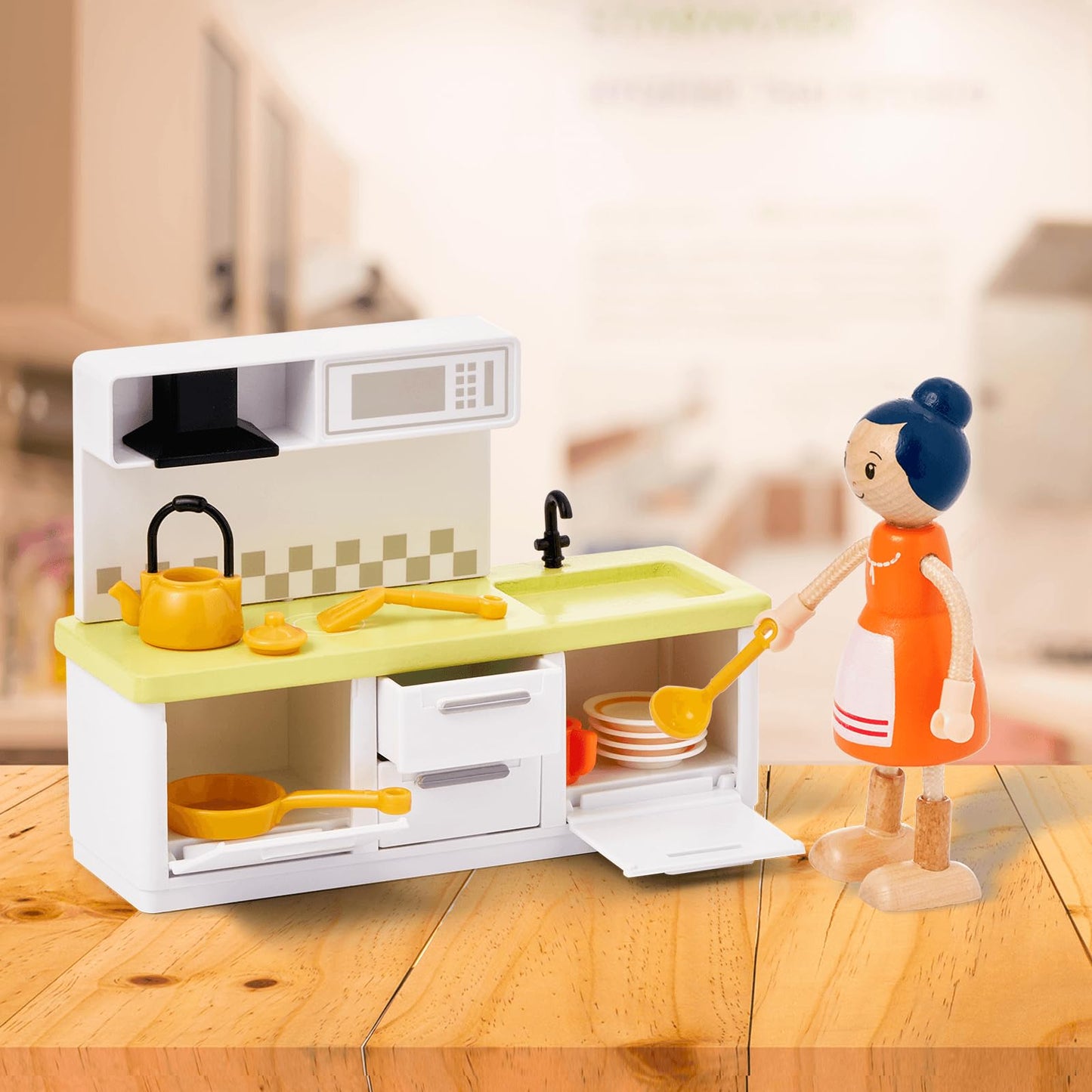 Giant Bean 37Pcs Green Wooden Plastic Dollhouse Furniture Kitchen And Bathroom Set, Modern Wood Dollhouse Accessories Pretend Play Furniture Toys For Boys Girls Toddlers & Kids 3+