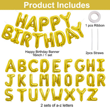 Toniful 65 Pcs 16 Inch Gold Happy Birthday Balloons And 2 Sets A-Z Foil Letters Balloons Diy Personalized Phrase Banner For Birt