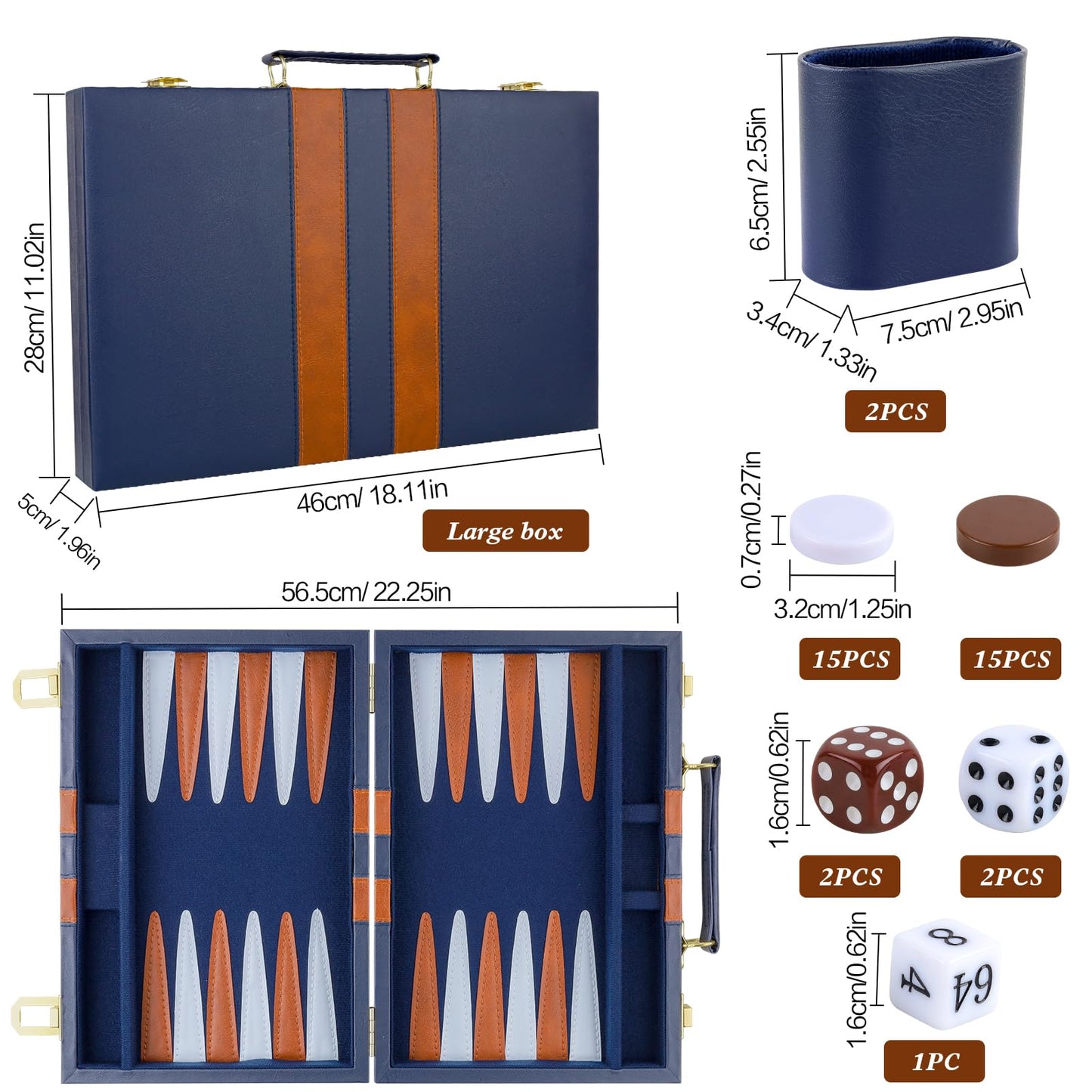 Reriver Backgammon Set 2 Players Classic Backgammon Sets For Adults Board Game With Pu Leather Case Portable And Travel Backgammon Set (Navy, 18Inch)