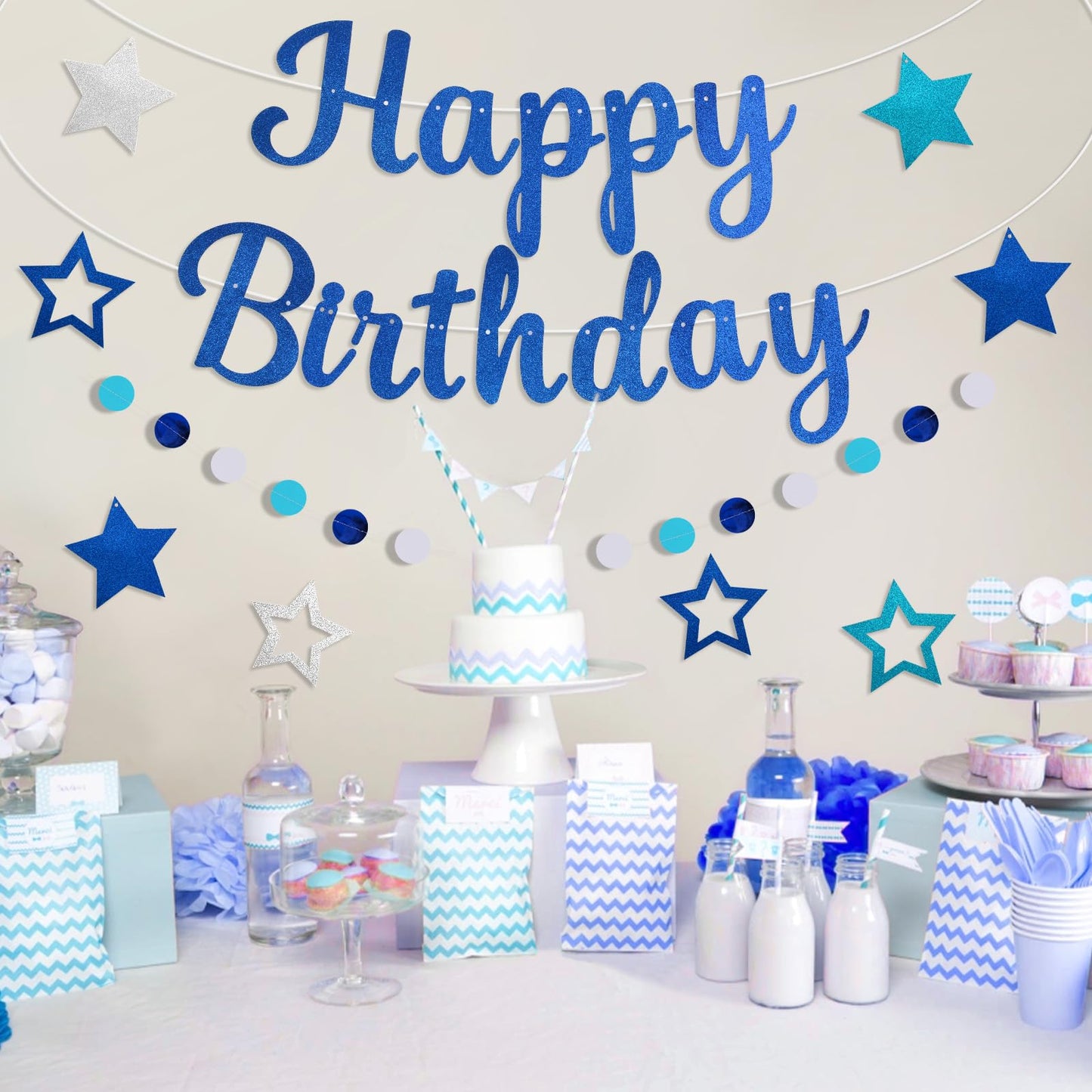 Blue Happy Birthday Decorations for Men, Happy Birthday Banner with Blue Happy Birthday Garland and Stars, NO DIY Birthday Party